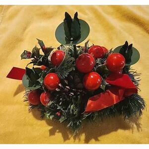 vintage CHRISTMAS EVERGREEN Holly Pine Cone CENTERPIECE 3 PILLAR CANDLE HOLDER